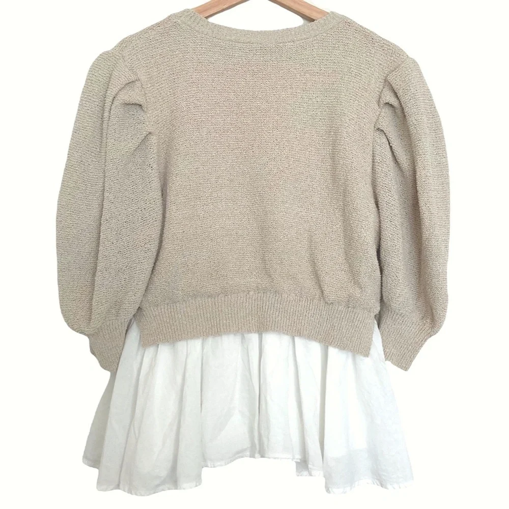 EN SAISON Mixed Media Puff Sleeve Top in Natural